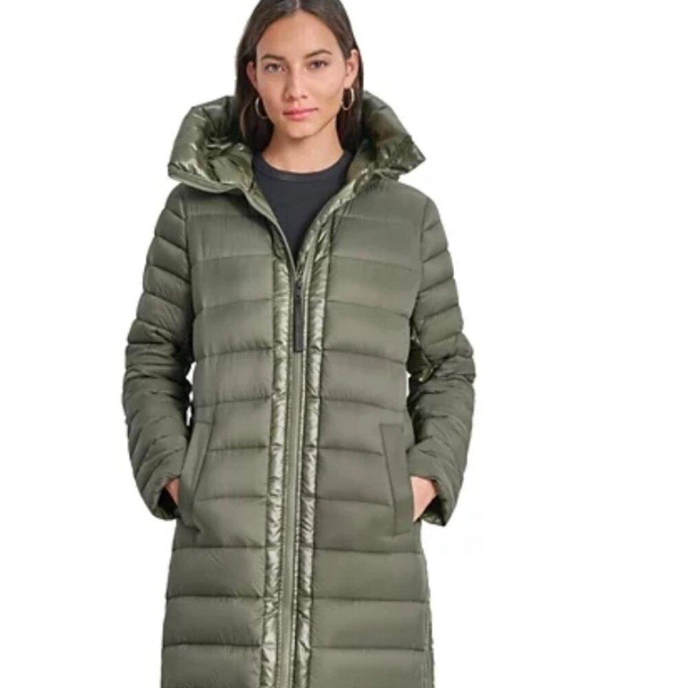 DKNY Jeans Womens Down Quilted Hooded Puffer Coat Olive Green Size Med MSRP $229 - Picture 1 of 6